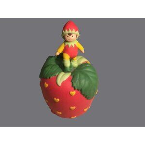 Avon 1993 STRAWBERRY Hearts Delight Porcelain BELL  with Pixie Elf Figurine